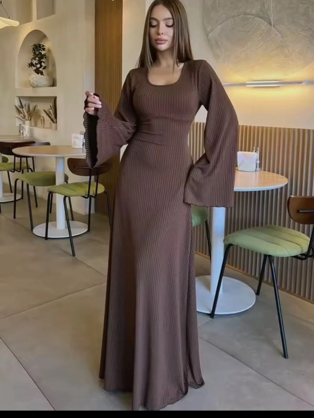 Soft Pink Ribbed Maxi Dress with Flared Bell Sleeves - Picture 4 of 4